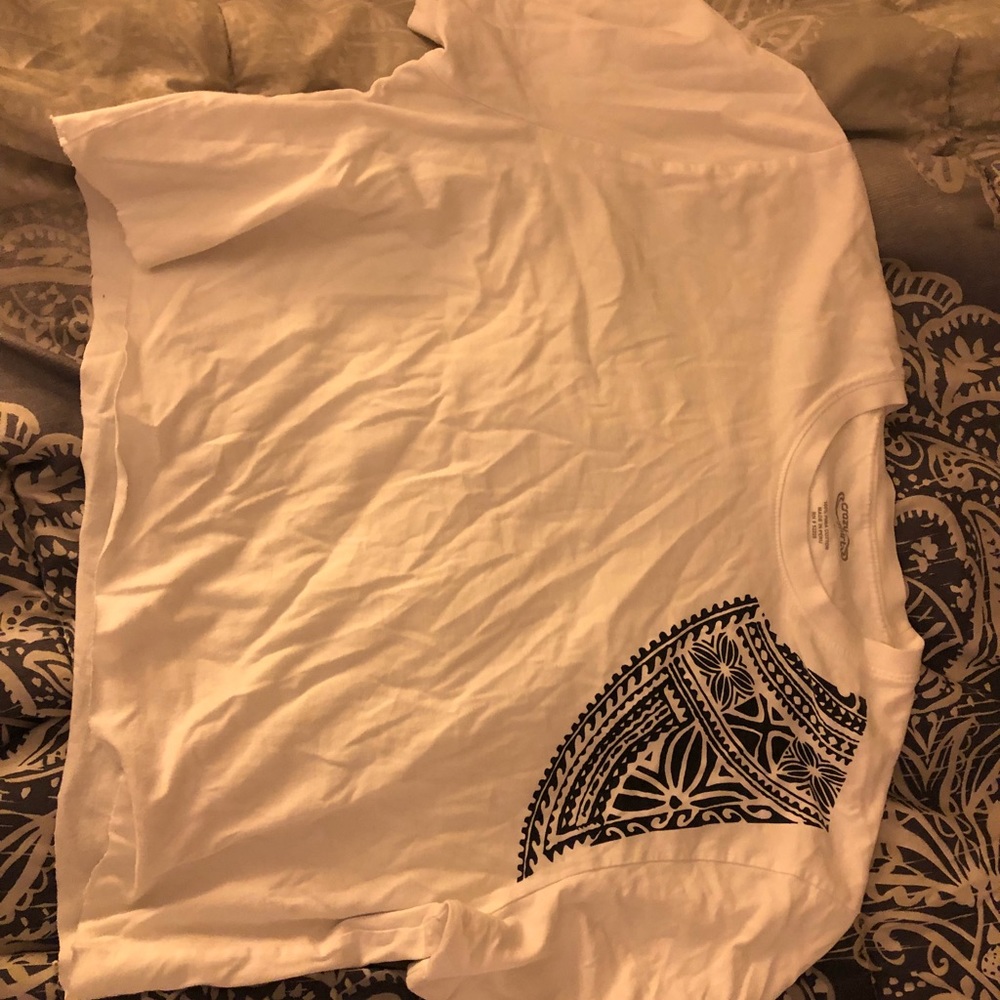 White crop top T-shirt with black design.